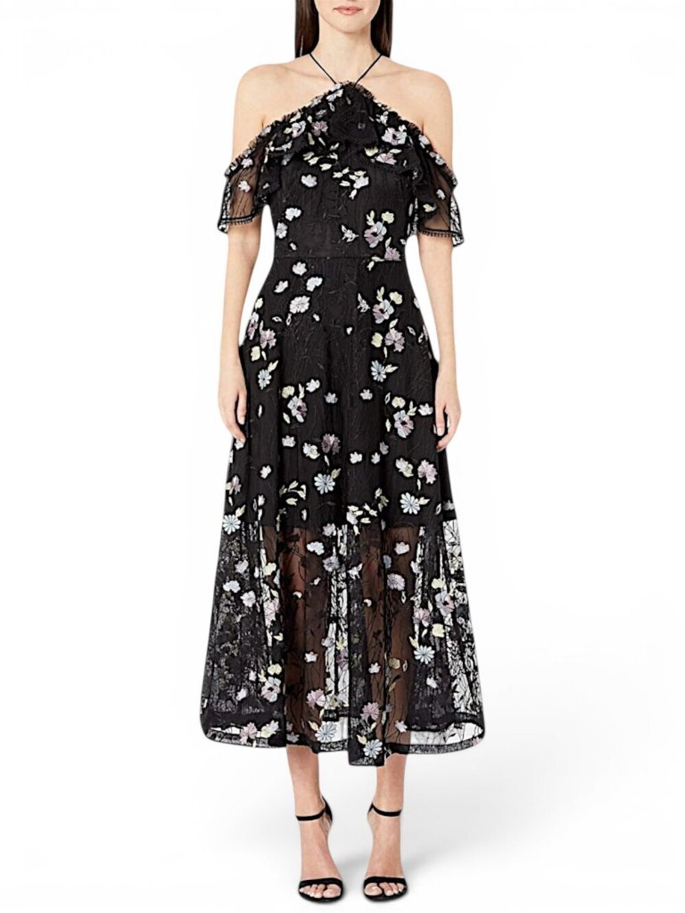 Monique Lhuillier Black Lace Embroidered Mesh Cold Shoulder Midi Dress NWT New 2